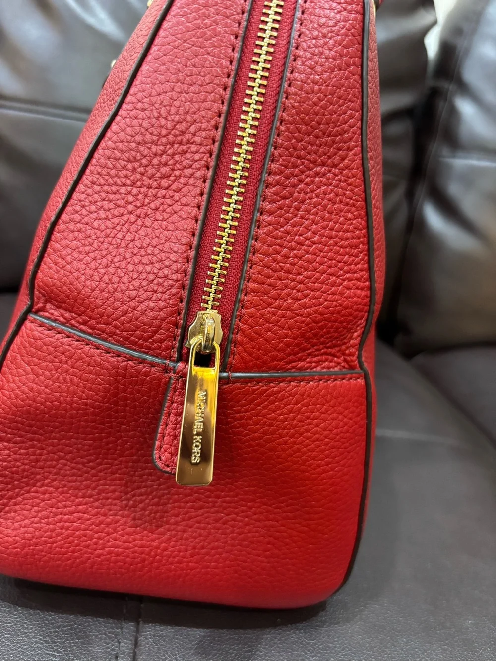 NWT Michael Kors Red Sandrine Pebbled Leather Satchel Handbag with Tassel $398